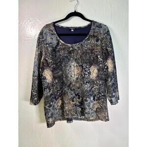 Biyaycda‎ Brown Blue Lace Overlay Blouse Lined 1X Grandma Core Boho 90s Top